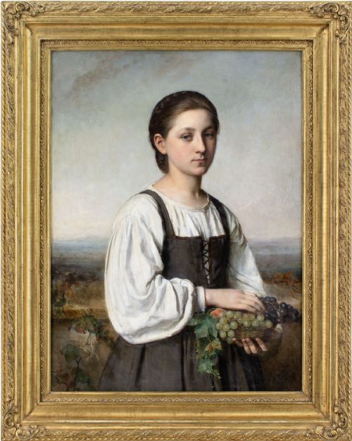Sophie Ribbing, Portrait of an Italian Girl Holding a Basket of Grapes - Antique Oil Painting
