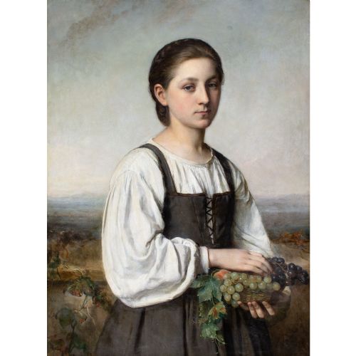 fig 1. Sophie Ribbing, Portrait Of An Italian Girl Holding A Basket Of Grapes - Antique Oil Painting