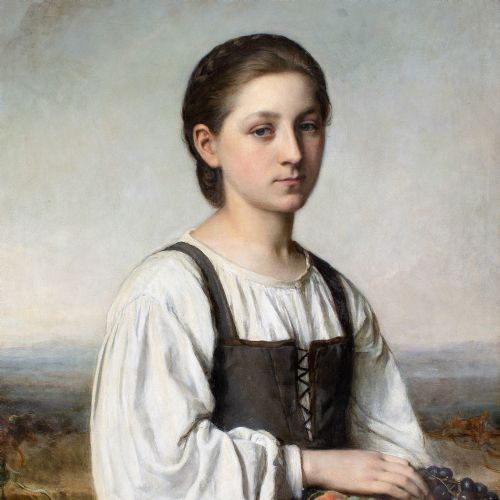 fig 4. Sophie Ribbing, Portrait Of An Italian Girl Holding A Basket Of Grapes - Antique Oil Painting
