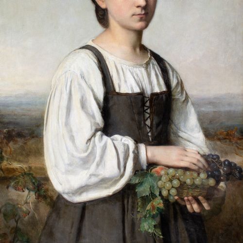 fig 5. Sophie Ribbing, Portrait Of An Italian Girl Holding A Basket Of Grapes - Antique Oil Painting