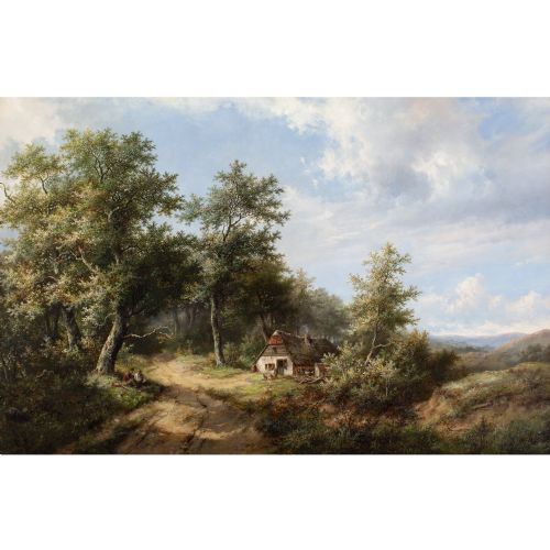 HENDRIK PIETER KOEKKOEK A COUNTRY ROAD ANTIQUE OIL PAINTING - ADDITIONAL PHOTO 1