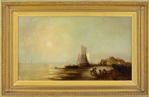 george g fryer coastal landscape with fisherfolk boats cottages antique oil painting - CATEGORY: ANTIQUE ART - DATED 1870