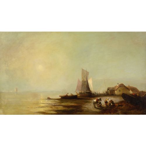 GEORGE G FRYER COASTAL LANDSCAPE WITH FISHERFOLK BOATS COTTAGES ANTIQUE OIL PAINTING - ADDITIONAL PHOTO 1