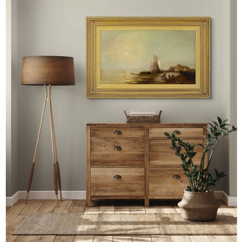 GEORGE G FRYER COASTAL LANDSCAPE WITH FISHERFOLK BOATS COTTAGES ANTIQUE OIL PAINTING - ADDITIONAL PHOTO 2