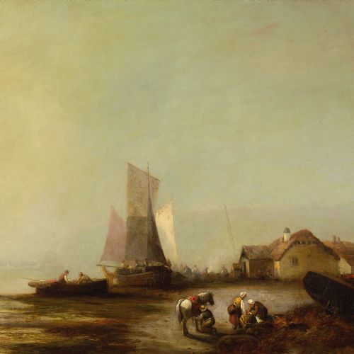 GEORGE G FRYER COASTAL LANDSCAPE WITH FISHERFOLK BOATS COTTAGES ANTIQUE OIL PAINTING - ADDITIONAL PHOTO 5