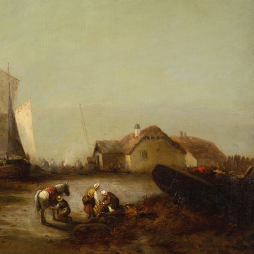 GEORGE G FRYER COASTAL LANDSCAPE WITH FISHERFOLK BOATS COTTAGES ANTIQUE OIL PAINTING - ADDITIONAL PHOTO 8