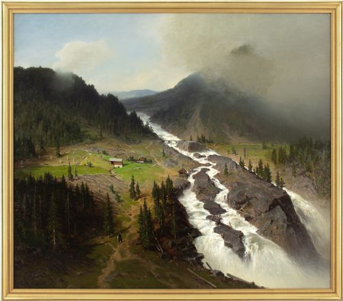 axel nordgren alpine landscape with waterfall antique oil painting - CATEGORY: ANTIQUE ART - DATED 1870