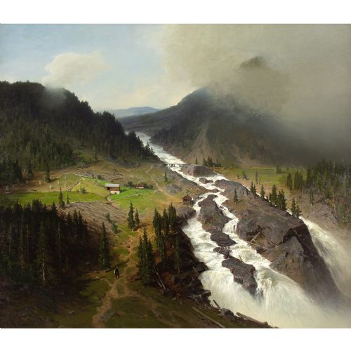 AXEL NORDGREN ALPINE LANDSCAPE WITH WATERFALL ANTIQUE OIL PAINTING - ADDITIONAL PHOTO 1