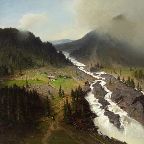 AXEL NORDGREN ALPINE LANDSCAPE WITH WATERFALL ANTIQUE OIL PAINTING - ADDITIONAL PHOTO 3