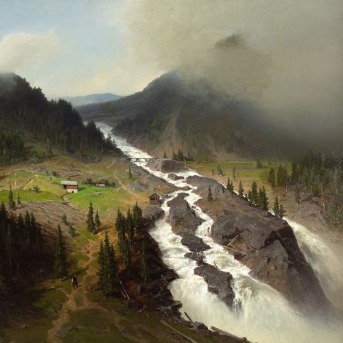 AXEL NORDGREN ALPINE LANDSCAPE WITH WATERFALL ANTIQUE OIL PAINTING - ADDITIONAL PHOTO 5
