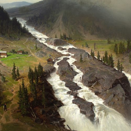 AXEL NORDGREN ALPINE LANDSCAPE WITH WATERFALL ANTIQUE OIL PAINTING - ADDITIONAL PHOTO 6