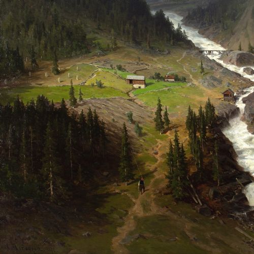 AXEL NORDGREN ALPINE LANDSCAPE WITH WATERFALL ANTIQUE OIL PAINTING - ADDITIONAL PHOTO 7