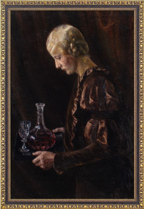 bodil larsen rohweder portrait of a woman holding a tray antique oil painting - CATEGORY: ANTIQUE ART - DATED 1930
