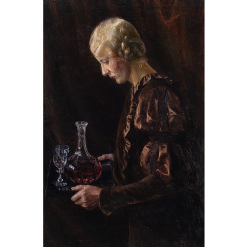 BODIL LARSEN ROHWEDER PORTRAIT OF A WOMAN HOLDING A TRAY ANTIQUE OIL PAINTING - ADDITIONAL PHOTO 1