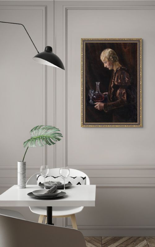 BODIL LARSEN ROHWEDER PORTRAIT OF A WOMAN HOLDING A TRAY ANTIQUE OIL PAINTING - ADDITIONAL PHOTO 3