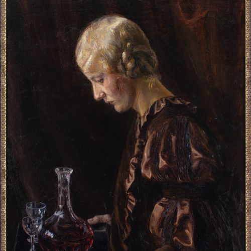 BODIL LARSEN ROHWEDER PORTRAIT OF A WOMAN HOLDING A TRAY ANTIQUE OIL PAINTING - ADDITIONAL PHOTO 5
