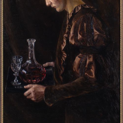 BODIL LARSEN ROHWEDER PORTRAIT OF A WOMAN HOLDING A TRAY ANTIQUE OIL PAINTING - ADDITIONAL PHOTO 6