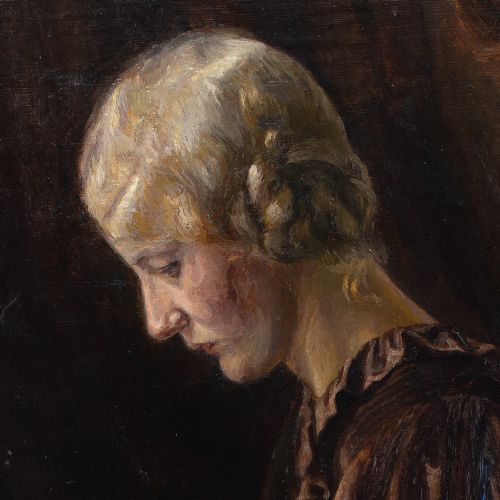 BODIL LARSEN ROHWEDER PORTRAIT OF A WOMAN HOLDING A TRAY ANTIQUE OIL PAINTING - ADDITIONAL PHOTO 8
