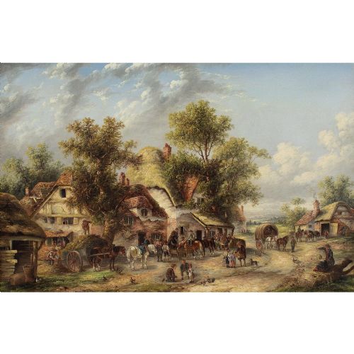 EDWIN MASTERS VILLAGE SCENE WITH COTTAGES ANTIQUE OIL PAINTING - ADDITIONAL PHOTO 7