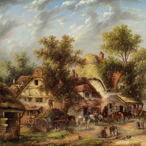 EDWIN MASTERS VILLAGE SCENE WITH COTTAGES ANTIQUE OIL PAINTING - ADDITIONAL PHOTO 6