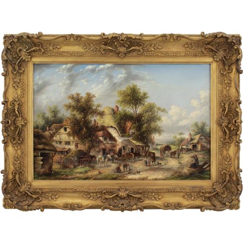 edwin masters village scene with cottages antique oil painting - CATEGORY: ANTIQUE ART - DATED 19TH CENTURY
