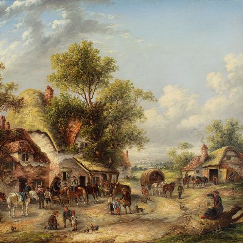 EDWIN MASTERS VILLAGE SCENE WITH COTTAGES ANTIQUE OIL PAINTING - ADDITIONAL PHOTO 9