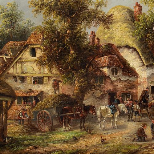 EDWIN MASTERS VILLAGE SCENE WITH COTTAGES ANTIQUE OIL PAINTING - ADDITIONAL PHOTO 10