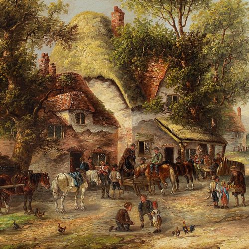 EDWIN MASTERS VILLAGE SCENE WITH COTTAGES ANTIQUE OIL PAINTING - ADDITIONAL PHOTO 11