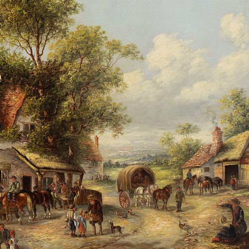 EDWIN MASTERS VILLAGE SCENE WITH COTTAGES ANTIQUE OIL PAINTING - ADDITIONAL PHOTO 12