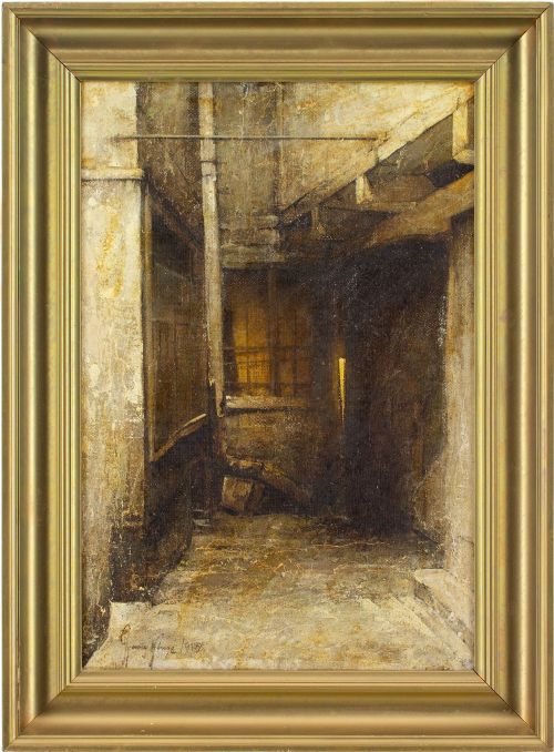 harry kluge courtyard antique oil painting - CATEGORY: ANTIQUE ART - DATED 1940