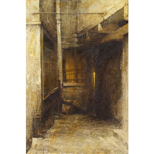 HARRY KLUGE COURTYARD ANTIQUE OIL PAINTING - ADDITIONAL PHOTO 1