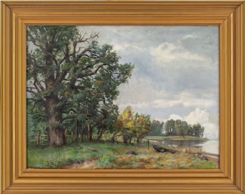 rudolf bissen autumnal landscape with lake antique oil painting - CATEGORY: ANTIQUE ART - DATED 1900