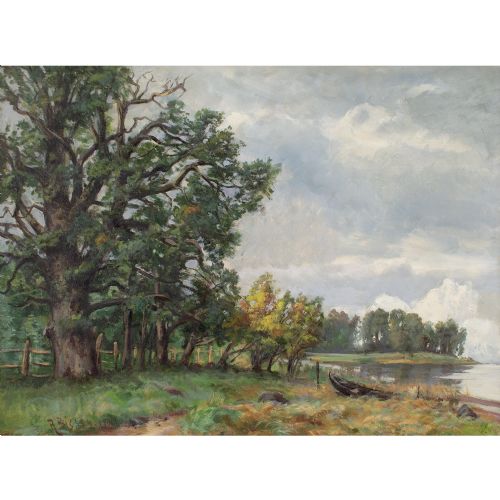 RUDOLF BISSEN AUTUMNAL LANDSCAPE WITH LAKE ANTIQUE OIL PAINTING - ADDITIONAL PHOTO 1