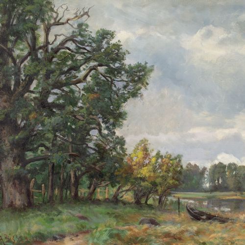 RUDOLF BISSEN AUTUMNAL LANDSCAPE WITH LAKE ANTIQUE OIL PAINTING - ADDITIONAL PHOTO 4