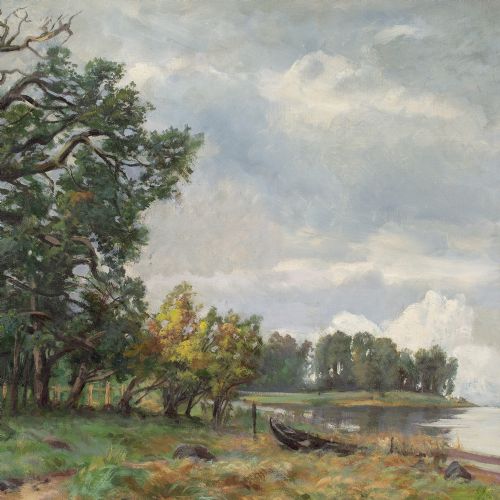 RUDOLF BISSEN AUTUMNAL LANDSCAPE WITH LAKE ANTIQUE OIL PAINTING - ADDITIONAL PHOTO 5