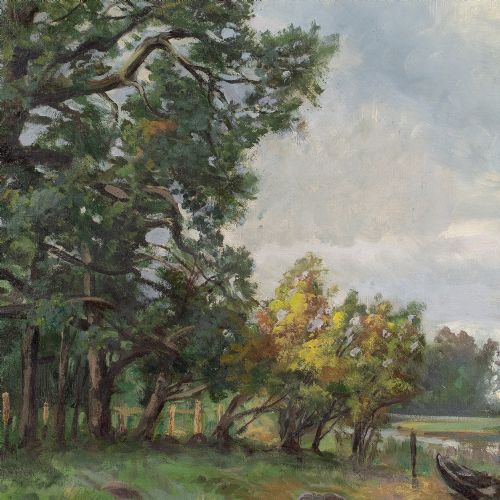 RUDOLF BISSEN AUTUMNAL LANDSCAPE WITH LAKE ANTIQUE OIL PAINTING - ADDITIONAL PHOTO 6
