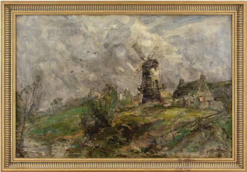 john falconar slater river landscape with cottage windmill antique oil painting - CATEGORY: ANTIQUE ART - DATED 1910
