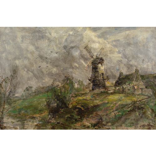 JOHN FALCONAR SLATER RIVER LANDSCAPE WITH COTTAGE WINDMILL ANTIQUE OIL PAINTING - ADDITIONAL PHOTO 1