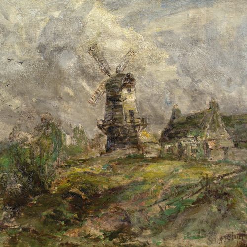 JOHN FALCONAR SLATER RIVER LANDSCAPE WITH COTTAGE WINDMILL ANTIQUE OIL PAINTING - ADDITIONAL PHOTO 4