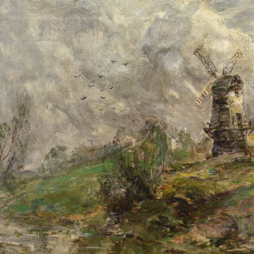 JOHN FALCONAR SLATER RIVER LANDSCAPE WITH COTTAGE WINDMILL ANTIQUE OIL PAINTING - ADDITIONAL PHOTO 5