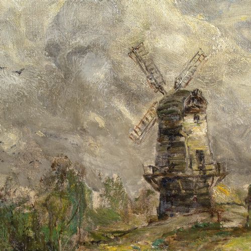 JOHN FALCONAR SLATER RIVER LANDSCAPE WITH COTTAGE WINDMILL ANTIQUE OIL PAINTING - ADDITIONAL PHOTO 6