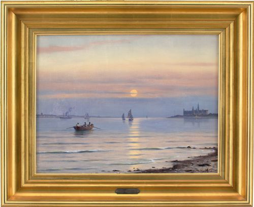 johan neumann seascape with a view to kronborg castle oil painting - CATEGORY: ANTIQUE ART - DATED 1930