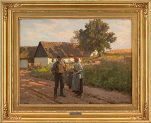 erik henningsen rural scene with family evening antique oil painting - CATEGORY: ANTIQUE ART - DATED 1910