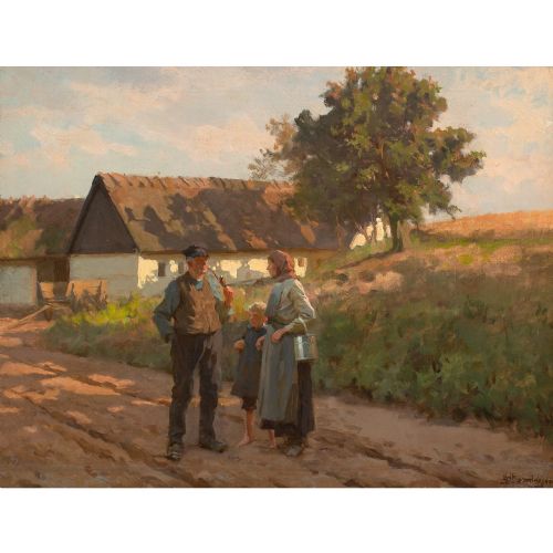 ERIK HENNINGSEN RURAL SCENE WITH FAMILY EVENING ANTIQUE OIL PAINTING - ADDITIONAL PHOTO 1