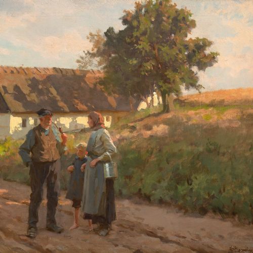 ERIK HENNINGSEN RURAL SCENE WITH FAMILY EVENING ANTIQUE OIL PAINTING - ADDITIONAL PHOTO 4