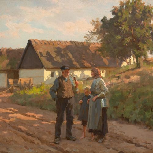 ERIK HENNINGSEN RURAL SCENE WITH FAMILY EVENING ANTIQUE OIL PAINTING - ADDITIONAL PHOTO 5
