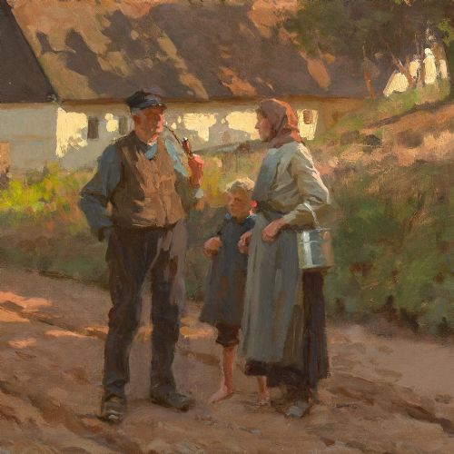 ERIK HENNINGSEN RURAL SCENE WITH FAMILY EVENING ANTIQUE OIL PAINTING - ADDITIONAL PHOTO 6