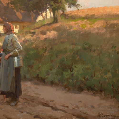 ERIK HENNINGSEN RURAL SCENE WITH FAMILY EVENING ANTIQUE OIL PAINTING - ADDITIONAL PHOTO 7