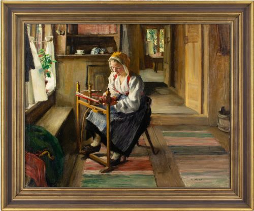 sam uhrdin vid bandstolen oil painting - CATEGORY: ANTIQUE ART - DATED 1950