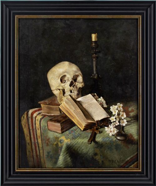 paula wildhack memento mori antique oil painting - CATEGORY: ANTIQUE ART - DATED 1890